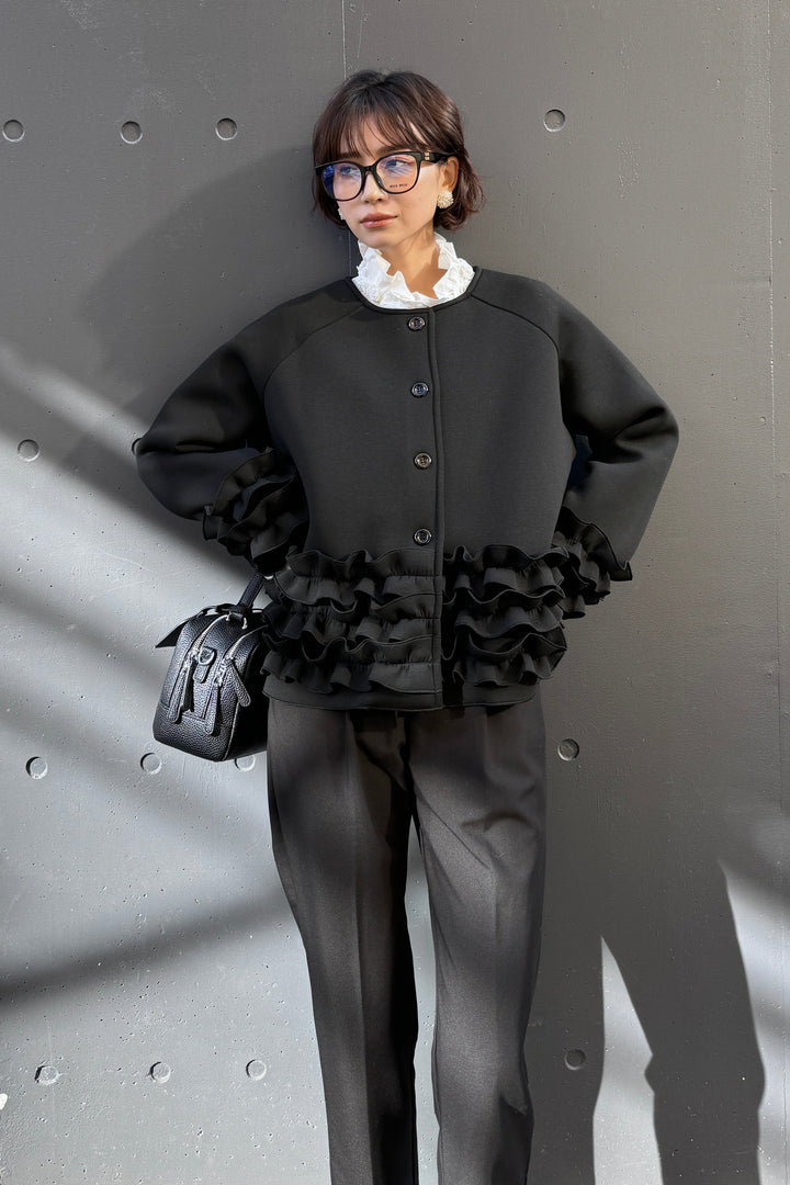 [予約/SET]フリルティアードボンディングクロップドコート+タックテーパードパンツ(2set)