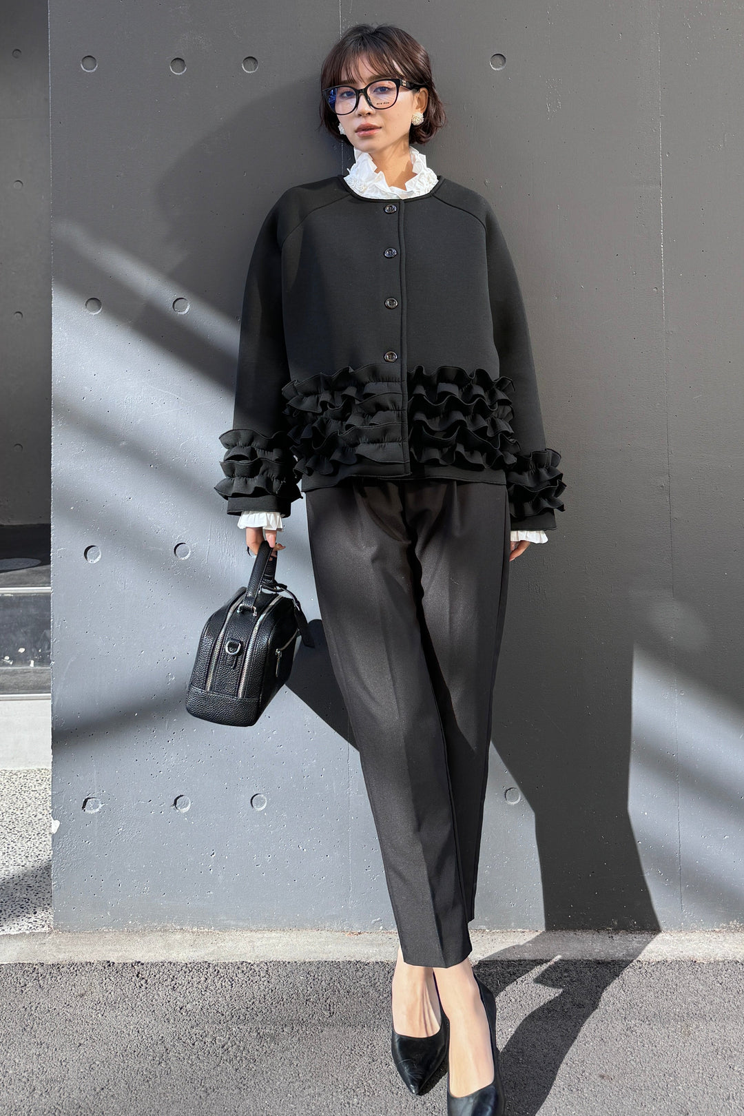 [予約/SET]フリルティアードボンディングクロップドコート+タックテーパードパンツ(2set)