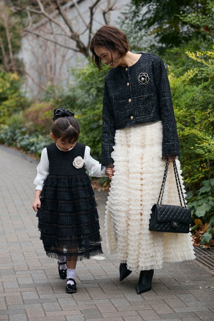 [予約/SET]ツイード×チュールレイヤードクロップドジャケット+ホイップチュールティアードスカート(2set)