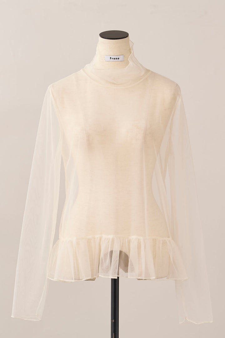 [予約]ハイネックシアーフリルヘムトップス