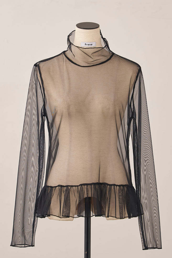 [予約]ハイネックシアーフリルヘムトップス