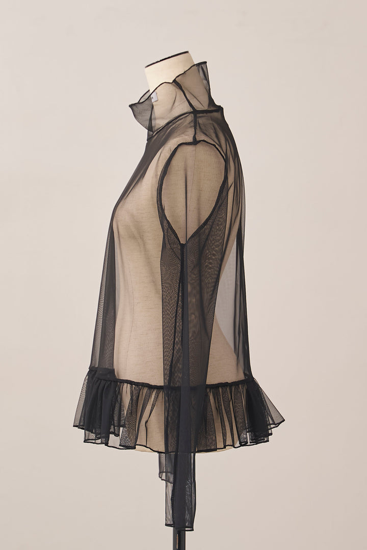 [予約]ハイネックシアーフリルヘムトップス