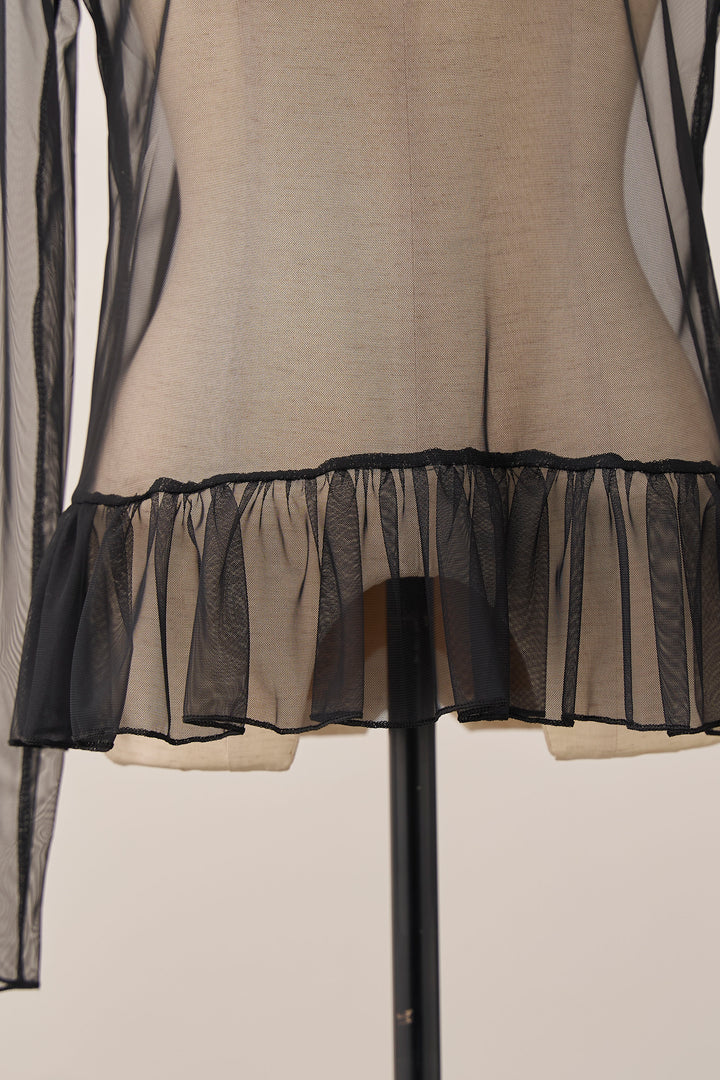 [予約]ハイネックシアーフリルヘムトップス