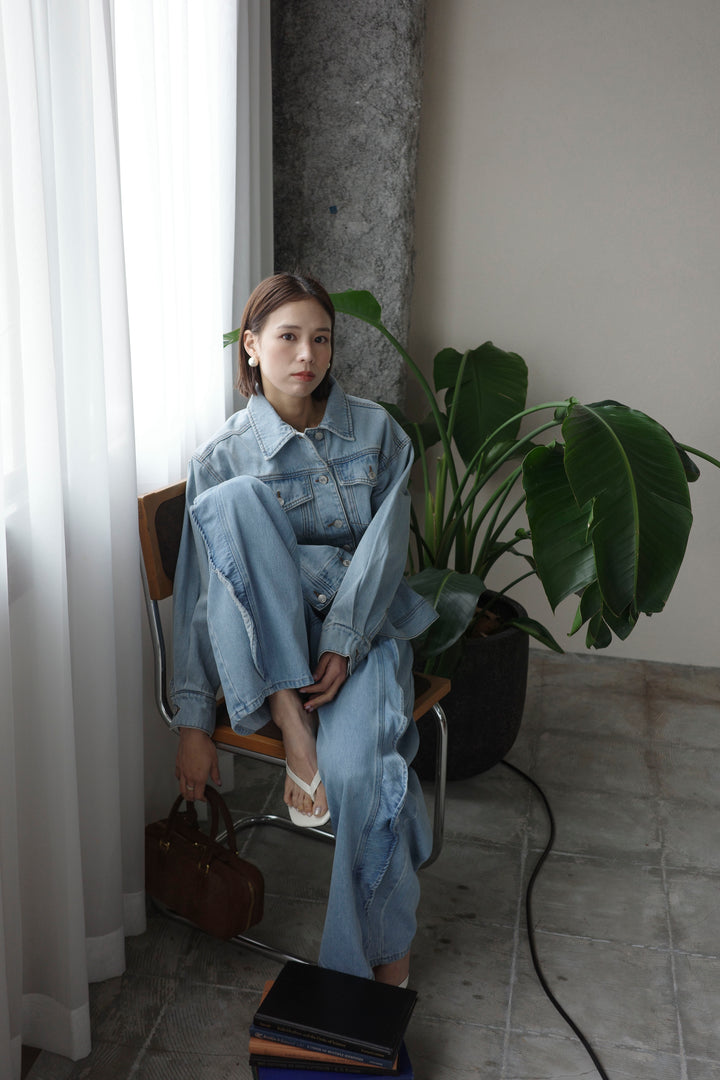 [予約/SET]ペプラムデニムジャケット+フリルウェーブデニムパンツ(2set)