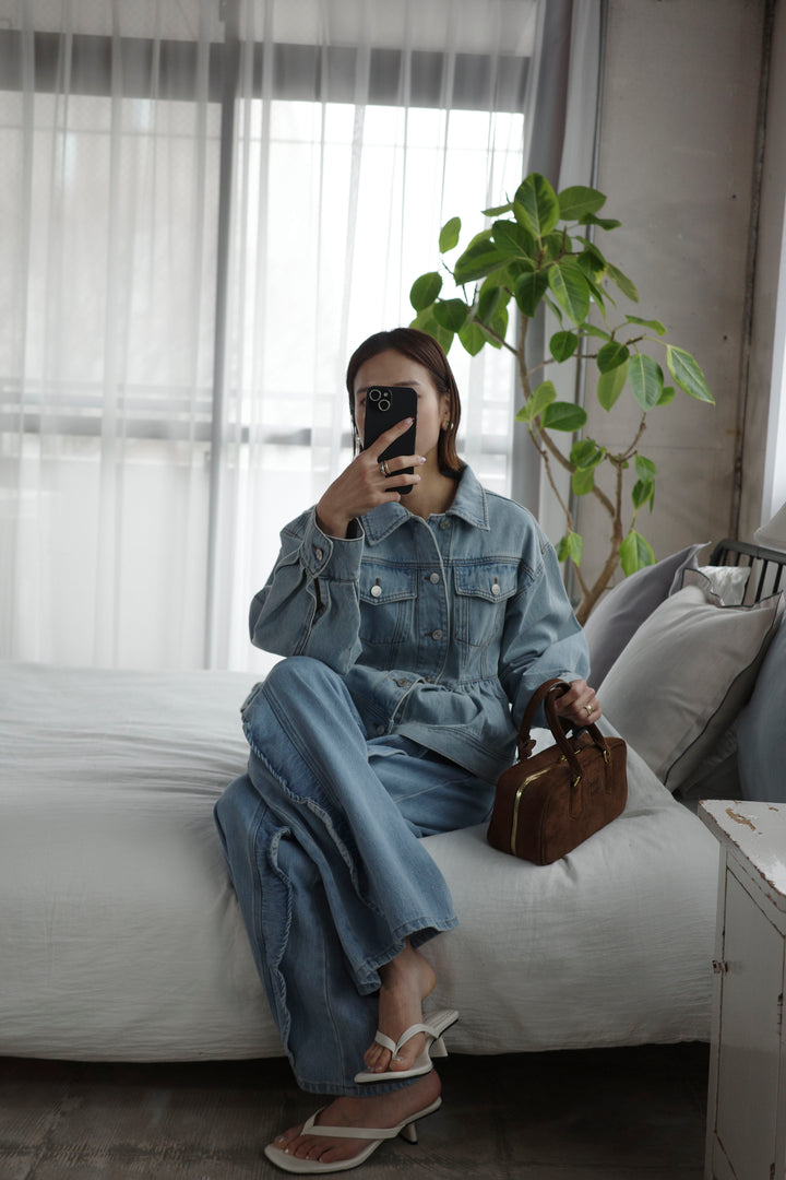 [予約/SET]ペプラムデニムジャケット+フリルウェーブデニムパンツ(2set)