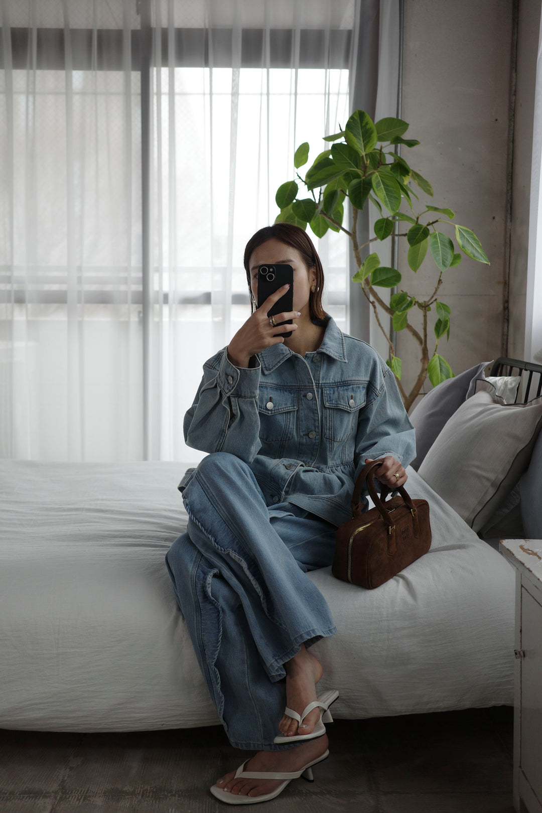 [予約/SET]ペプラムデニムジャケット+フリルウェーブデニムパンツ(2set)