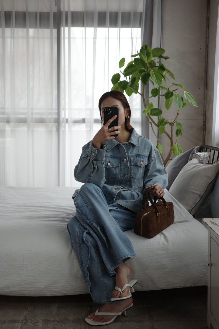 [予約/SET]ペプラムデニムジャケット+フリルウェーブデニムパンツ(2set)