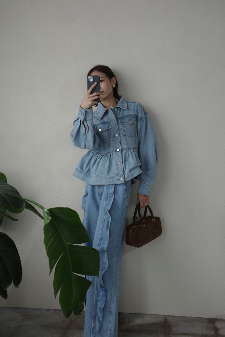 [予約/SET]ペプラムデニムジャケット+フリルウェーブデニムパンツ(2set)