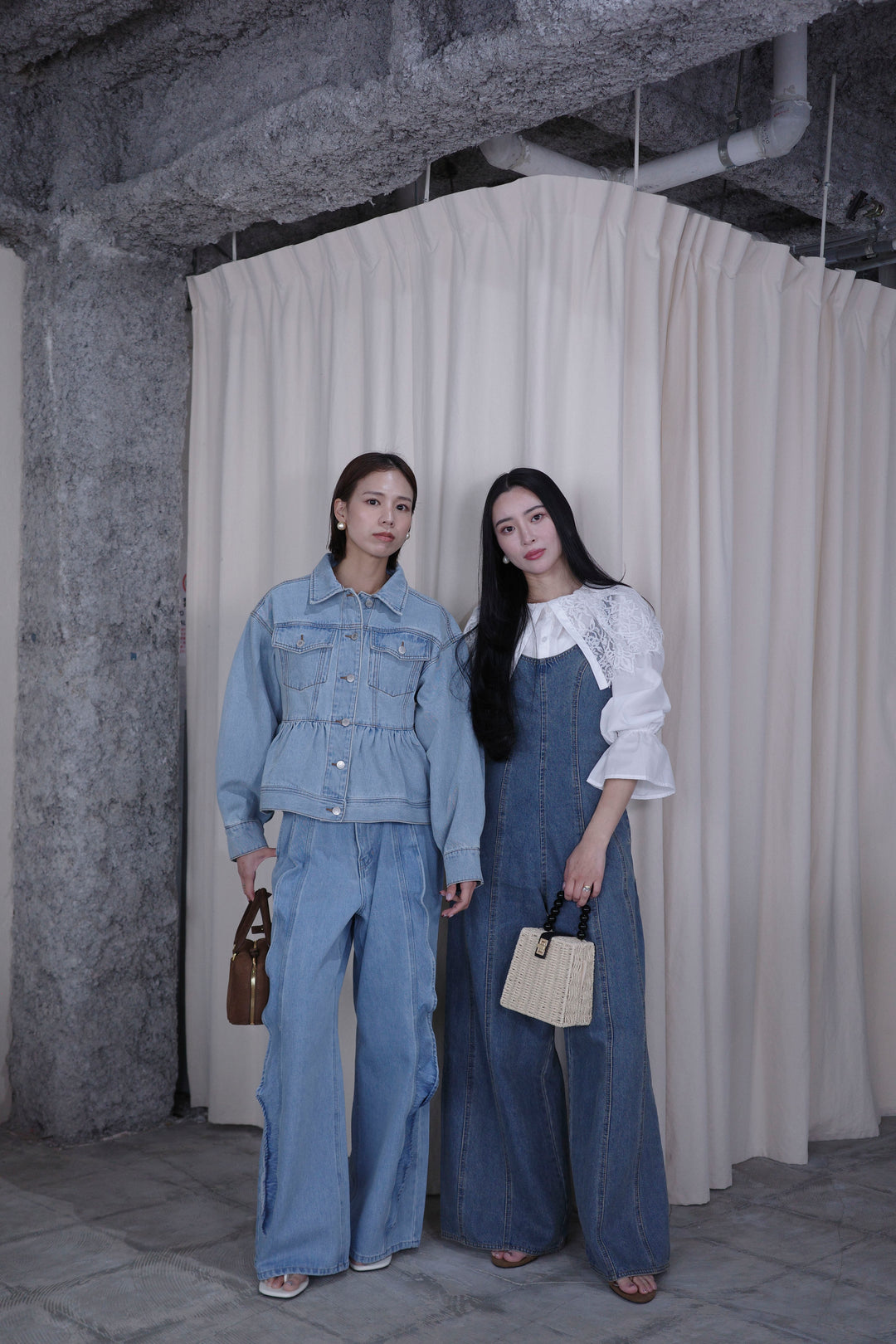 [予約/SET]ペプラムデニムジャケット+フリルウェーブデニムパンツ(2set)