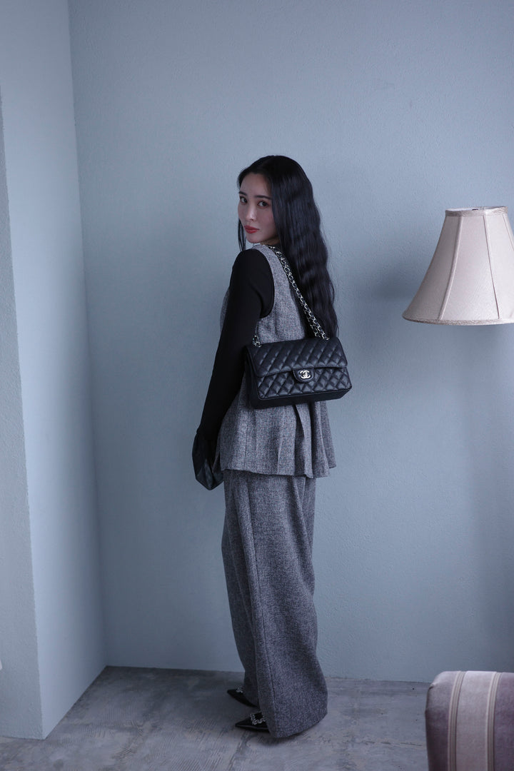 [予約/SET]チュールシアーカフスリブニット+サマーツイードボックスプリーツベスト+サマーツイードウエストラインタックパンツ(3set)