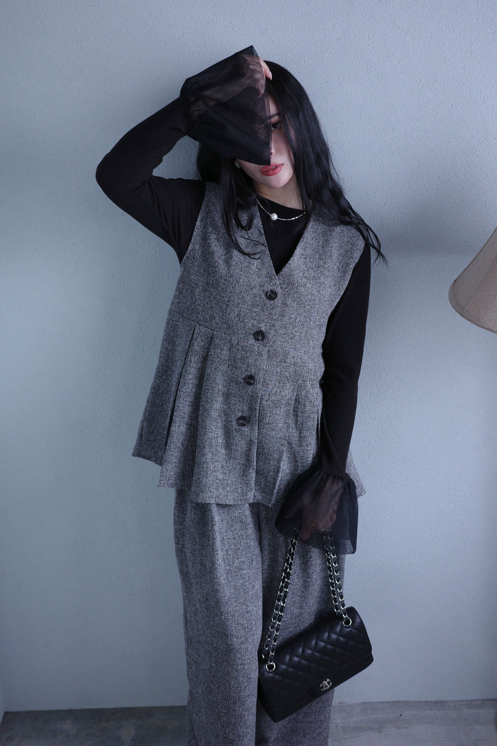 [予約/SET]チュールシアーカフスリブニット+サマーツイードボックスプリーツベスト+サマーツイードウエストラインタックパンツ(3set)