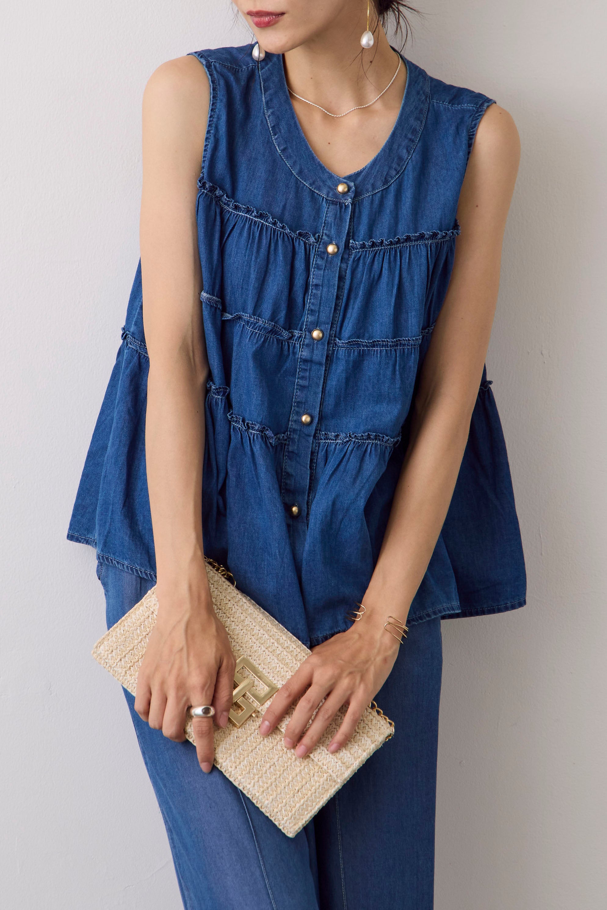 予約]デニムティアードゴールドボタンチュニック – Frene