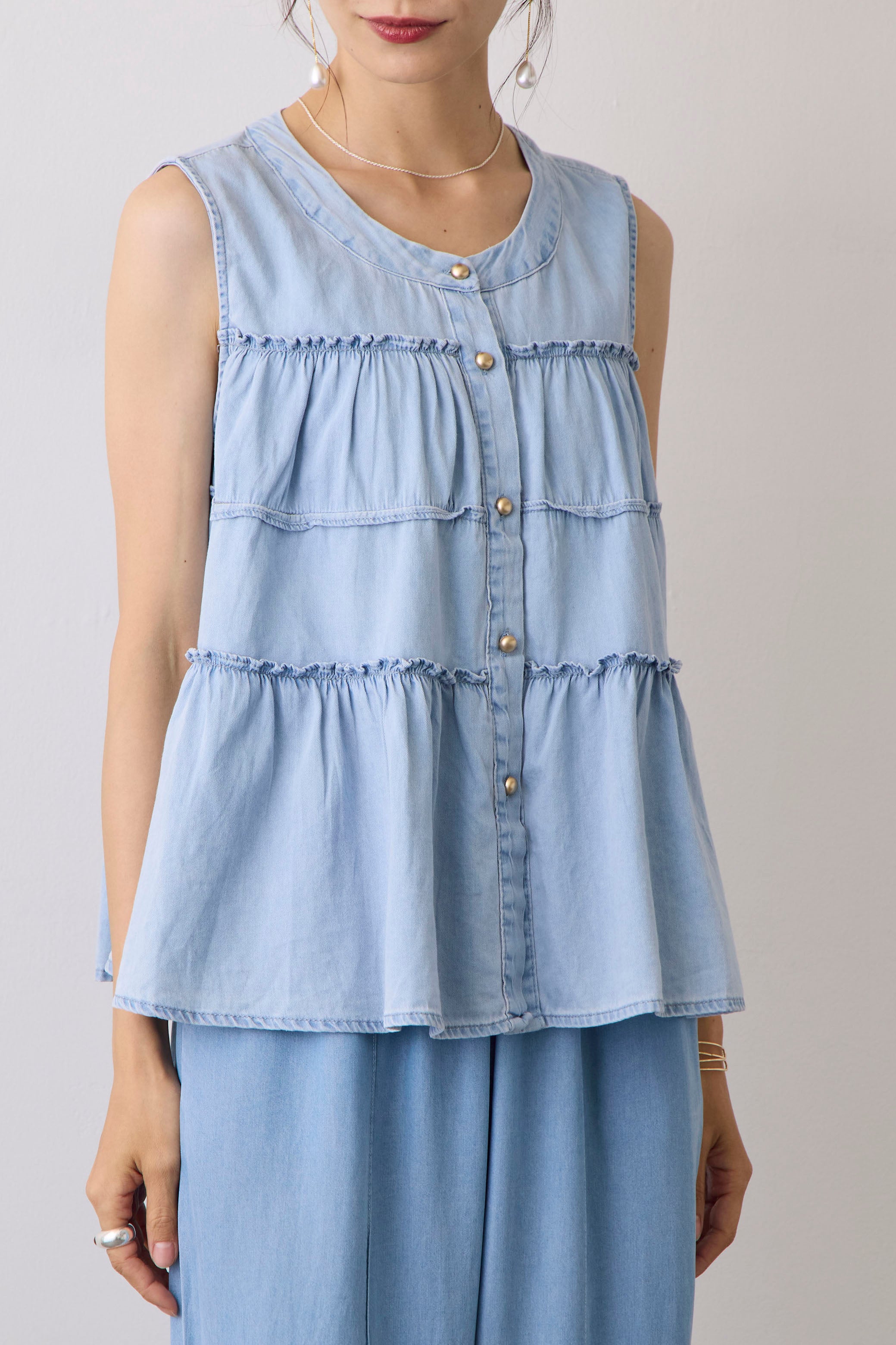 予約]デニムティアードゴールドボタンチュニック – Frene