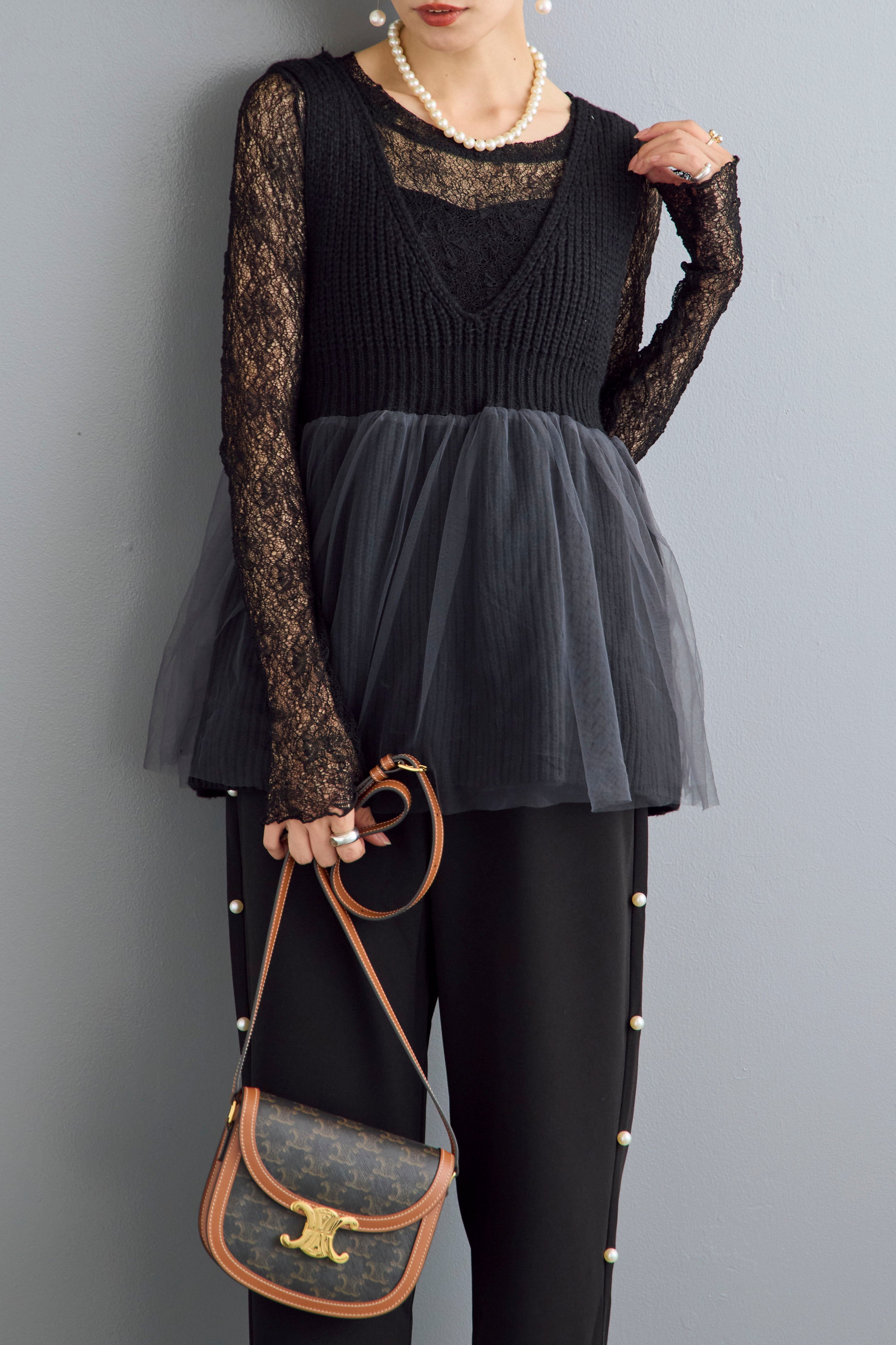 予約]ストレッチレースクルーネックトップス – Frene