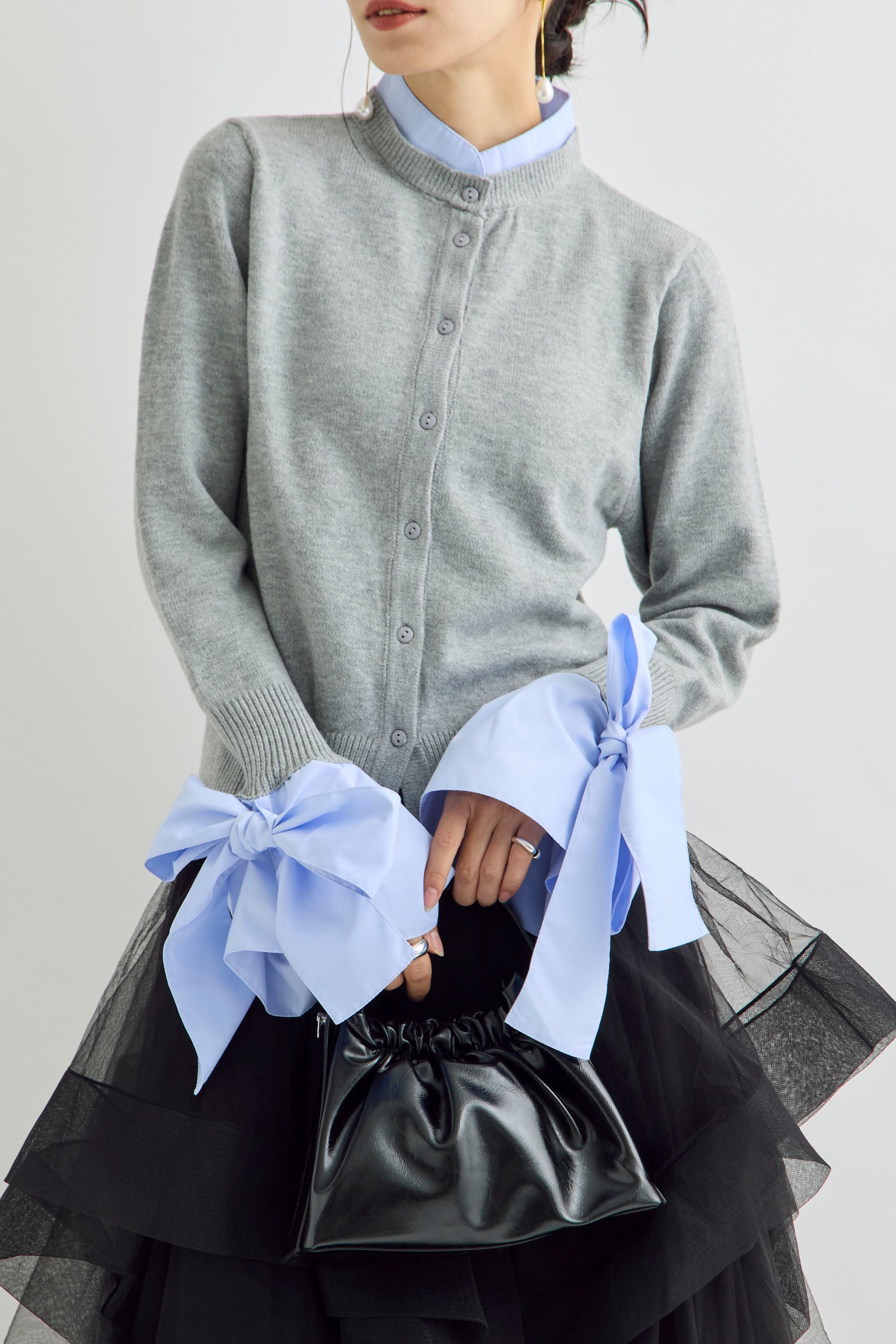 予約/SET]ヘムリボンデザインショートカーデ+BIGリボンカフスデザイン